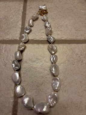Cultured Baroque Faux  Pearl Necklace in White with Gold Accents